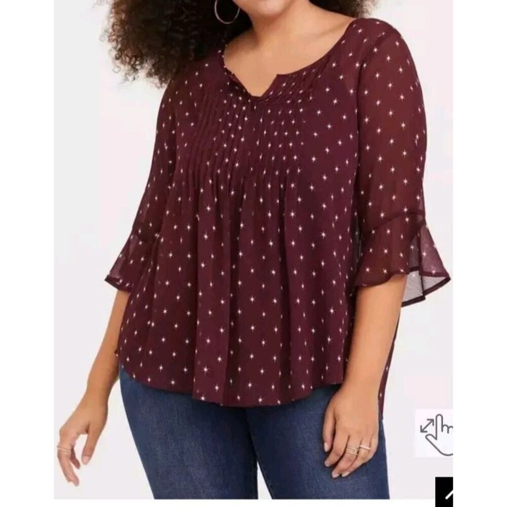 Torrid Burgundy Starburst Georgette Pleated Chiffon Blouse Boho Ruffle Slv Sz L - Picture 3 of 11